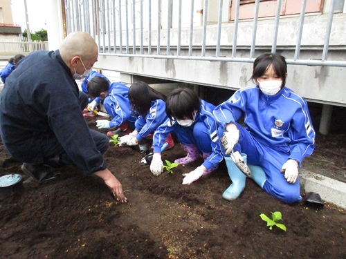 写真：副住職さんとアジサイの苗を植える児童たち